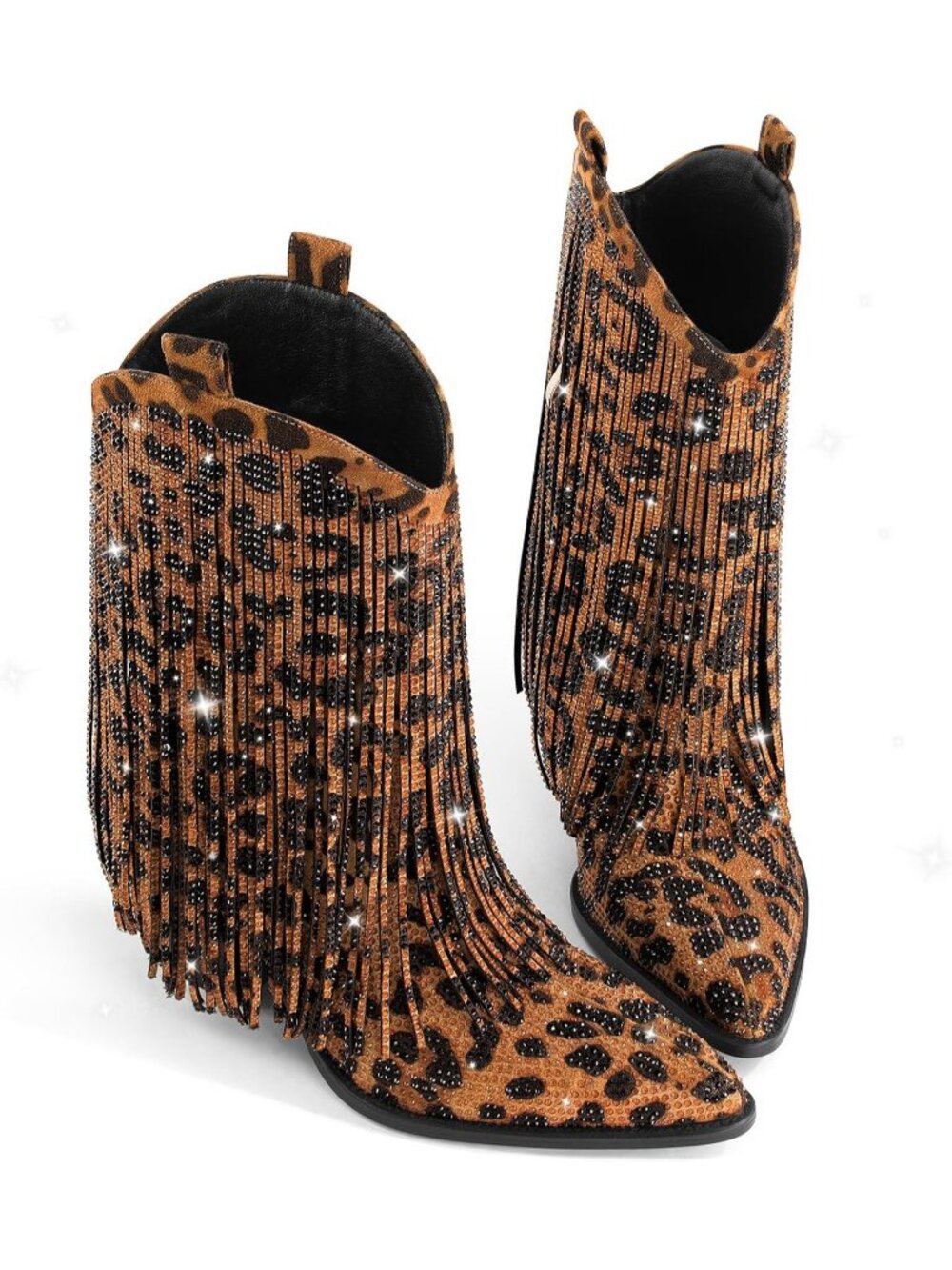 Women's Cowgirl Rhinestone Boots Leopard with Sparkly Fringe Pointed Toe Western - Picture 5 of 6